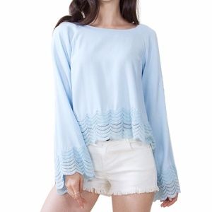 Sugar + Lips Blue Scallop Long-Sleeve Top; S